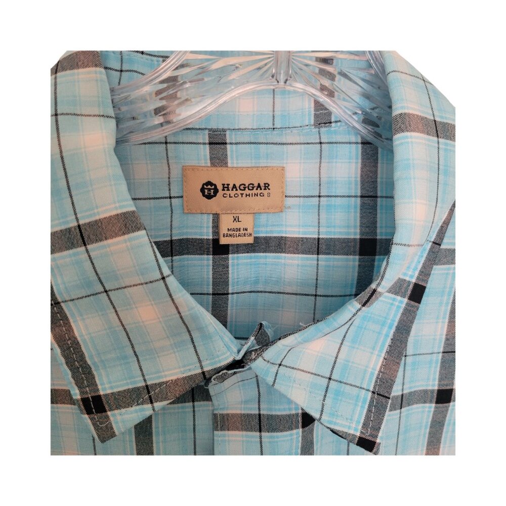 Haggar Men's blue check short sleeve button down shirt - Picture 3 of 5